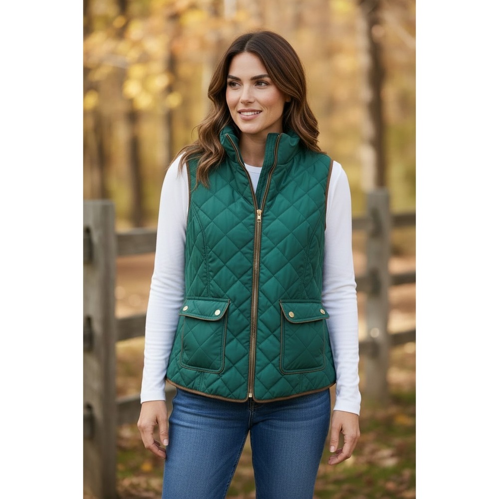 Crown & Ivy Quilted Vest Women Emerald Green Gingham Lined Gold Zip L